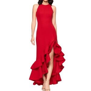 Betsy & Adam Arielle Red Scuba Crepe Ruffle Slit Floor Length Formal Gown